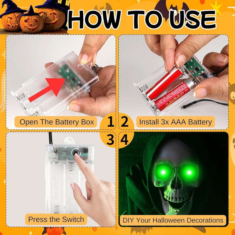 LCHUANG 4 Pack Halloween Decoration LED Glowing Light Up Skulls Eyes, Horror DIY Glowing Eyes Lights Battery Operated for Halloween Decoration Masks, Skulls, Pumpkin, Spider, Tombstone Props (Green) - Image 5